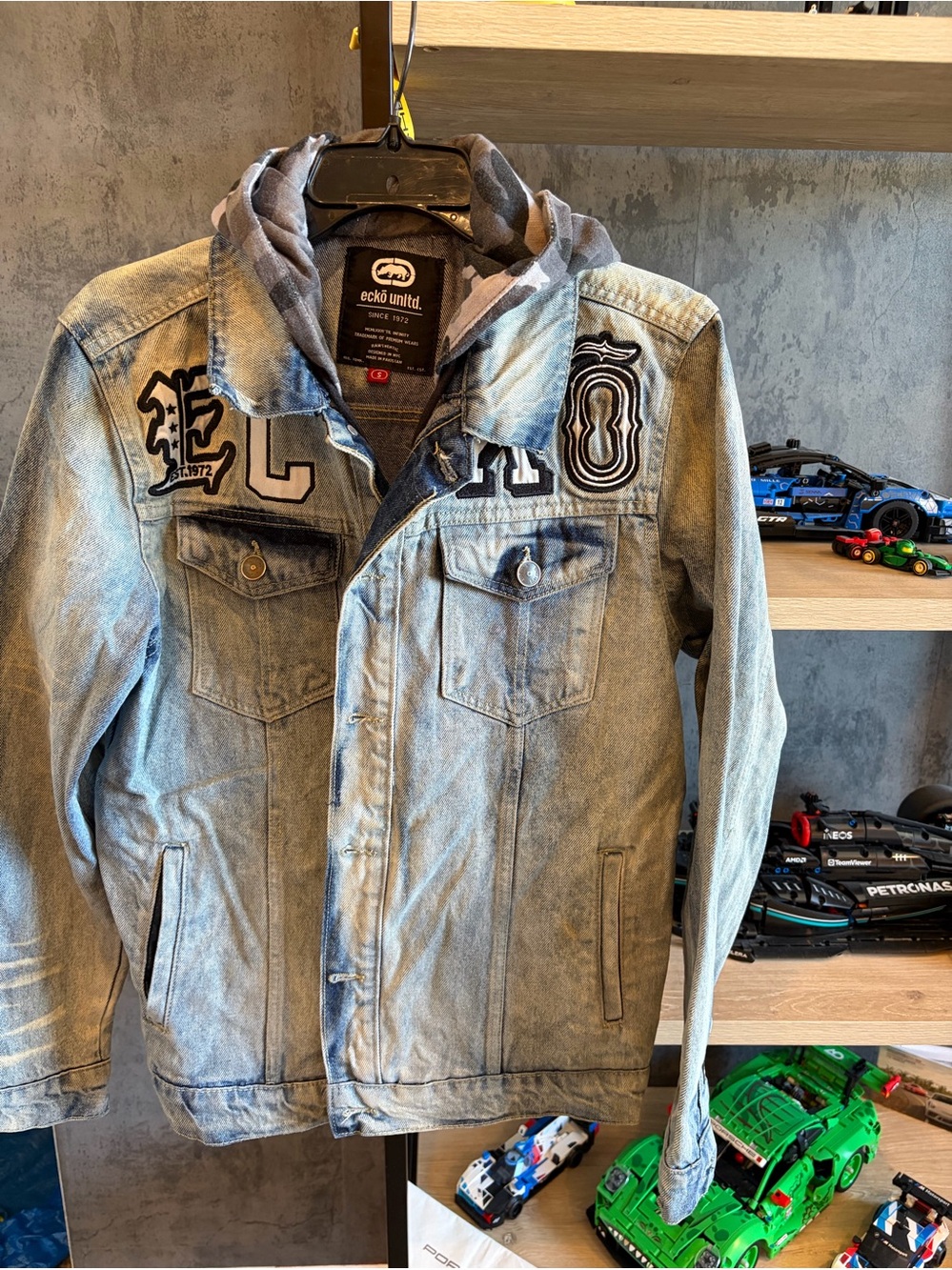 Ecko Unlimited Light Blue Denim Shirt Jacket with Attached Grey Hood